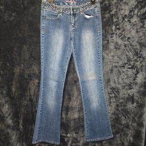 Celebrity Pink  Hip Hugger Jeweled Waistband , Boot Cut Blue Jeans Size 7